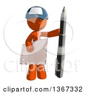 Poster, Art Print Of Orange Mail Man Wearing A Baseball Cap Holding A Pen And An Envelope