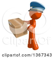 Poster, Art Print Of Orange Mail Man Wearing A Hat Holding A Box Facing Left