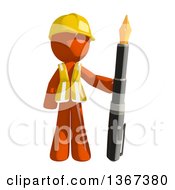 Orange Man Construction Worker Standing With With A Fountain Pen