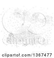 Poster, Art Print Of Black And White Christmas Eve Scene Of Santa And His Reindeer Flying Over A Home In The Snow