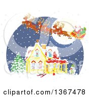 Poster, Art Print Of Christmas Eve Scene Of Santa And His Reindeer Flying Over A Home In The Snow