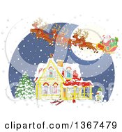 Cartoon Christmas Eve Scene Of Santa And His Reindeer Flying Over A Home In The Snow