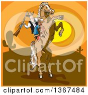 Poster, Art Print Of Horseback Cowboy Holding A Rifle On A Rearing Horse Against A Desert Sunset