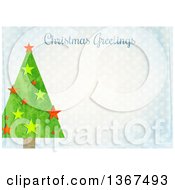 Clipart Of A Distressed Blue Polka Dot Background With A Tree And Christmas Greetings Text Royalty Free Illustration by Prawny