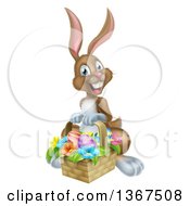 Poster, Art Print Of Happy Brown Easter Bunny With A Basket Of Eggs And Flowers