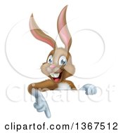 Poster, Art Print Of Happy Brown Easter Bunny Rabbit Pointing Down Over A Sign