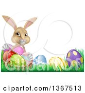 Poster, Art Print Of Cute Beige Bunny Rabbit With A Basket And Easter Eggs In Grass With Text Space