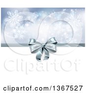 Poster, Art Print Of 3d Silver Christmas Birthday Or Other Holiday Gift Bow And Ribbon Over Snowflakes And White