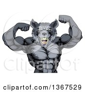 Poster, Art Print Of Fierce Muscular Gray Wolf Man Mascot Flexing His Muscles From The Waist Up