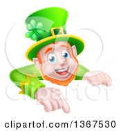 Poster, Art Print Of Cartoon Happy St Patricks Day Leprechaun Pointing Down Over A Sign