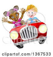 Poster, Art Print Of Happy White Boy Driving A Black Girl And Catching Air In A Convertible Car