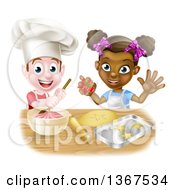 Poster, Art Print Of Happy White Boy Making Frosting And Black Girl Making Cookies