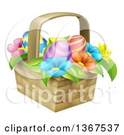 Basket Of Easter Eggs And Colorful Flowers