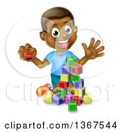 Poster, Art Print Of Happy Black Boy Waving And Playing With Toy Blocks