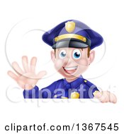 Poster, Art Print Of Cartoon Happy Caucasian Male Police Officer Waving Over A Sign