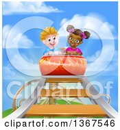 Happy White Boy And Black Girl At The Top Of A Roller Coaster Ride Against A Blue Sky With Clouds