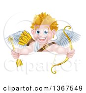 Poster, Art Print Of Happy Blond Caucasian Valentines Day Cupid Holding A Gold Heart Arrow And His Bow Over A Sign