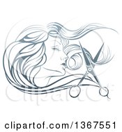 Clipart Of A Beatiful Womans Face In Profile With Long Hair And Scissors Snipping Off A Lock Royalty Free Vector Illustration by AtStockIllustration