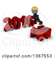 Clipart Of A 3d Reflective Black Man Contractor Pushing Together A New Year 2016 With 15 On The Ground Over White Royalty Free Illustration