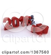 Poster, Art Print Of 3d Silver Robot Pushing Together A New Year 2016 With 15 On The Ground Over White