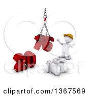 Poster, Art Print Of 3d White Man Contractor Using A Hoist To Piece Together A New Year 2016 With 15 On The Ground Over White