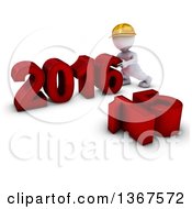Poster, Art Print Of 3d White Man Contractor Pushing Together A New Year 2016 With 15 On The Ground Over White