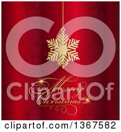 Suspended Gold Snowflake And A Merry Christmas Greeting Over Red With Snowflakes