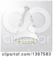 Clipart Of A Paper Cutout Tree Over A Merry Christmas Greeting On Gray Snowflakes Royalty Free Vector Illustration