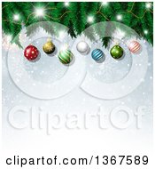 Poster, Art Print Of Christmas Background Of 3d Suspended Baubles On A Tree Over Snowflakes And Bokeh