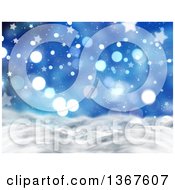 Poster, Art Print Of Christmas Background Of 3d Snowy Hills With Blue Stars And Bokeh Lights