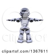 Poster, Art Print Of 3d Silver Robot Standing With His Arms Out At His Sides Slightly Blurred On White