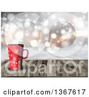 Clipart Of A 3d Red Snowflake Coffee Cup On An Aged Wood Table With A View Of Snow And Bokeh Flares Royalty Free Illustration by KJ Pargeter