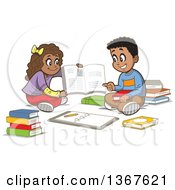 Cartoon Happy Black Girl And Boy Sitting On The Floor And Studying With Books
