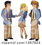 Group Of Three Anime Stymed Teenage High School Studens In Uniforms