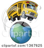 Cartoon Yellow School Bus Going On A Field Trip Around The Earth