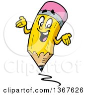Poster, Art Print Of Cartoon Happy Yellow Eraser Tipped Pencil Mascot Shrugging And Writing