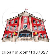 Poster, Art Print Of Low Angle View Of The Front Of A Red Brick School Building An American Flag On The Roof