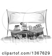 Poster, Art Print Of Grayscale Sketched Desk With Stacks And Boxes Of Books Under A Blank Banner
