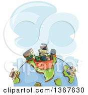 Clipart Of A Sketched Earth Globe With Stacks And Boxes Of Books On The Continents Under A Cloud With Text Space Royalty Free Vector Illustration