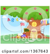 Clipart Of A Tree School House With Apples Alphabet Letters And Books Royalty Free Vector Illustration