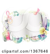 Clipart Of A Blank Open Book With Colorful Music Note Other Books Cds A Keyboard And Phonograph Royalty Free Vector Illustration
