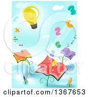 Poster, Art Print Of Light Bulb Floating Over Letters Numbers Math Symbols And Book Plants