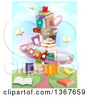 Poster, Art Print Of Tower Of Stacked Books With A Train Track