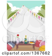 Formal Glamping Tent With A Table Books Pillows And Wine