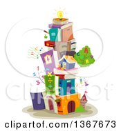 Poster, Art Print Of Building Made Of Stacked Books Educational Items And A Light Bulb On Top