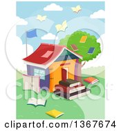 Poster, Art Print Of School House Made Of Books With Book Birds Flying