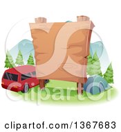 Large Blank Wooden Sign Over A Camp Site And Car
