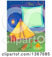 Poster, Art Print Of Camp Site With A Tent Hot Dog On A Fire And Blank Sign Against A Night Sky