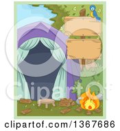 Poster, Art Print Of Blue Bird On A Blank Wood Sign Post With A Campfire And Tent