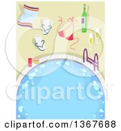 Poster, Art Print Of Swimming Pool Or Hot Tub With Champagne A Bikini Top Sandals And Towel